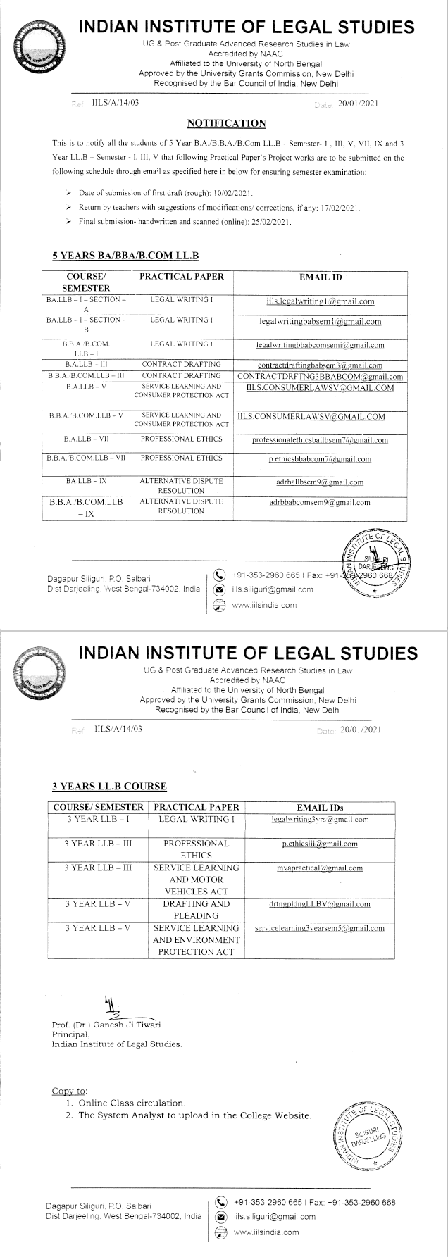 Notice Regarding Project Work Submission